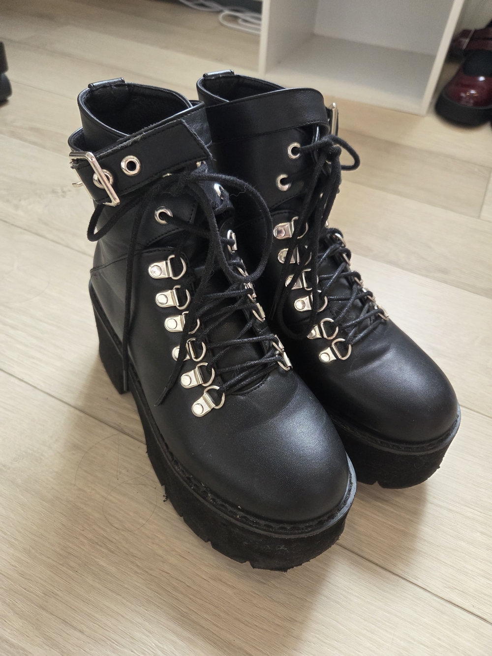Platform Lace-Up Ankle Boots in Black